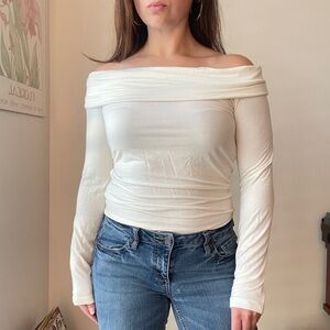 J. Crew Off-Shoulder Long Sleeve Top Size Small Cream Modal Model Off Duty 90s